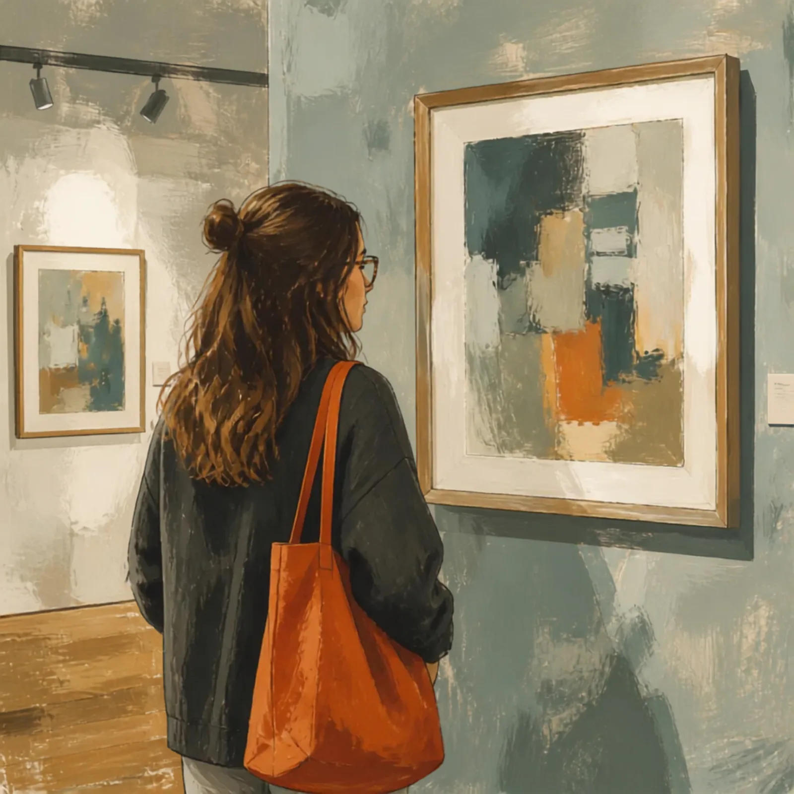 An illustration of a woman with an orange tote bag standing in a quiet gallery, looking at a large framed abstract painting.